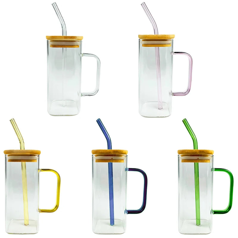 13.5 oz Bamboo Clear Mason Jar 16 oz High Borosilicate Glass Square Glass Mug Handle Lid Straw Modern Design Water Cup Party 