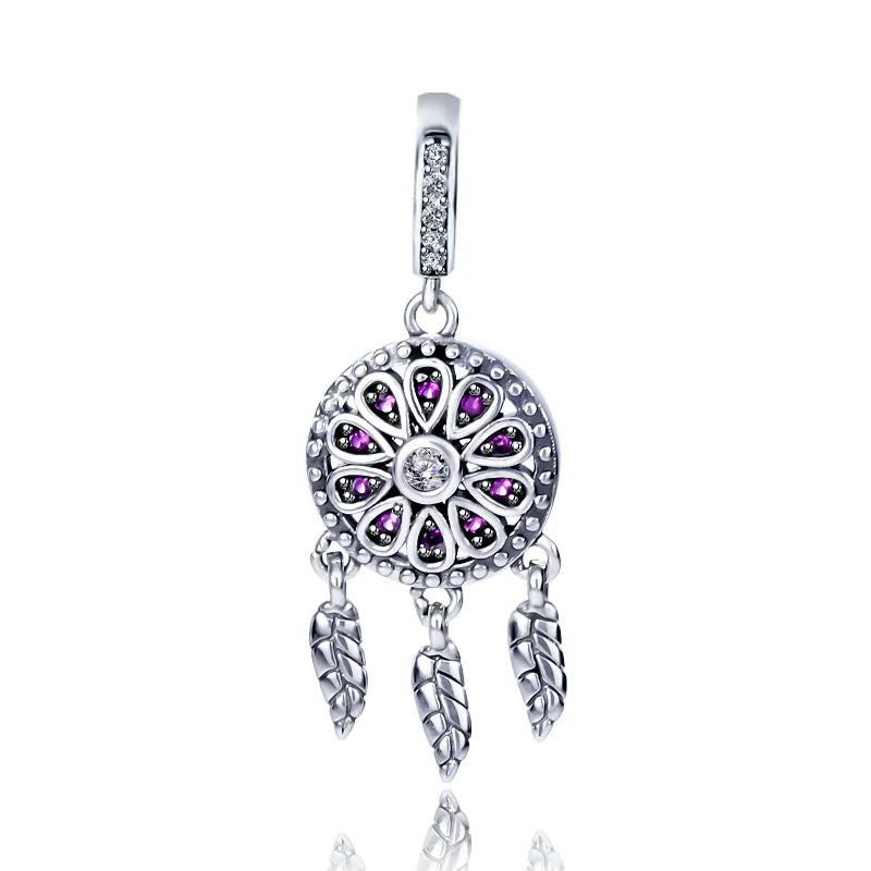 Factory Wholesale 925 Sterling Silver Dreamcatcher Charm Purple Zircon Feather Dangle Fit Original Bracelet for Women Gift