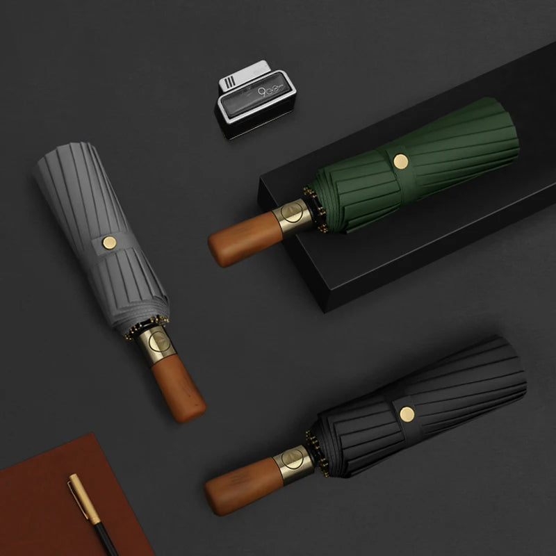 High-End Luxury 3-Folding Fully-Automatic UV Windproof Business Umbrella Golden Wooden Handle Multi-Color Customized Logo 105