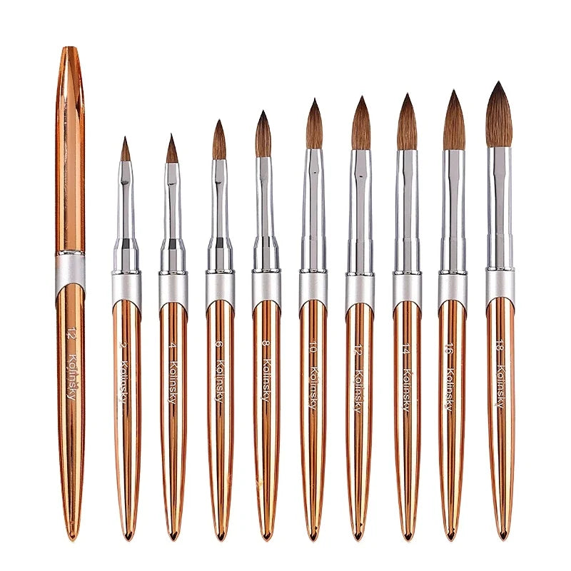 New Kolinsky Acrylic Nail Brush Custom Logo Aluminum Handle Crimped Round Pincel Original Nail Brush