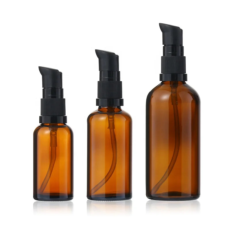 Perfume Glass Pump Bottle 2024 New Arrival  Ready to Ship Empty Round 100ml Amber Lotion Glass Pump Bottle