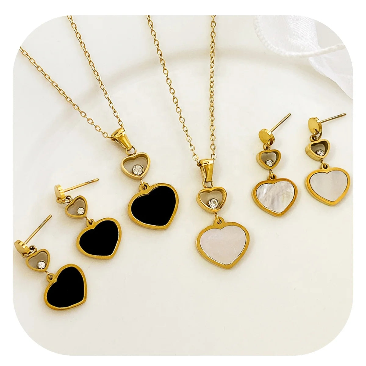 Fashion Jewelry Set Women 18K Gold Stainless Steel Chain Heart Necklace and Earrings Set for Gift