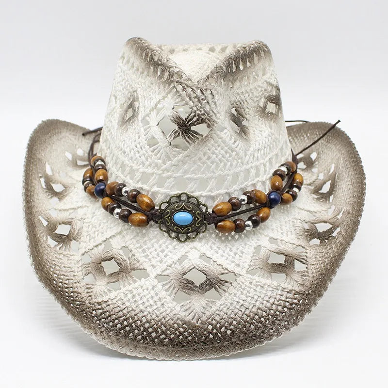 Wholesale Summer Sombreros Beads Decoration Hollow Out Printed Paper Straw Ombre Western Cowboy Hats for Women Men Beach Surf