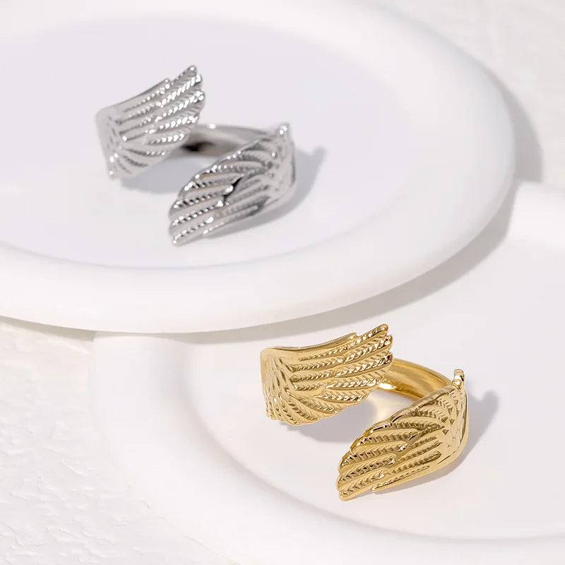 Fashion Design No Fade Gold Silver Angel Wing Ring Wholesale Open Adjustable Stainless Steel Rings for Women Jewelry