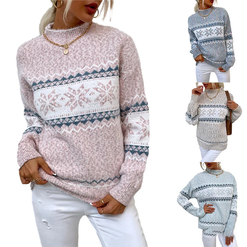 Casual Women's Winter Jumper Half High Neck Snowflake Knitwear Wool Blend With Crew Neck and Floral Pattern for Spring