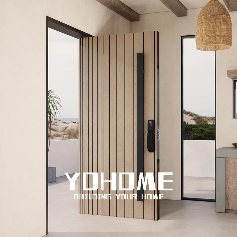 Yohome Luxury Villa Style Solid Oak Wooden Front Door Solid Wood Oak External Wood Pivot Door for Villa