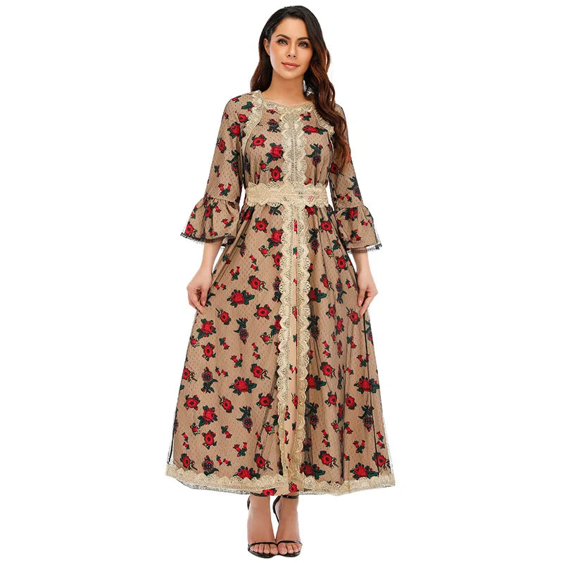 2024 Eid Malaysia American Muslim Women  Printing Flower Fabric Classic Abaya With Lace Fashion Dubai