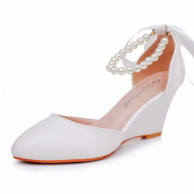 7.0 cm Platform High Heel Bridal Sandals Bowknot Pearl Strap Heels Pointed Toe Wedding Bride White Wedge Sandals