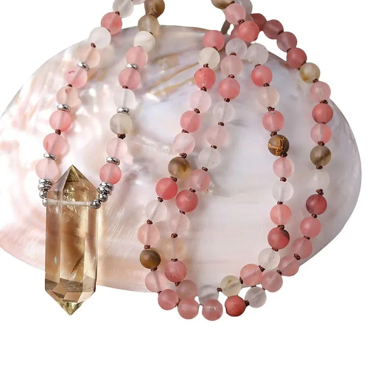 Citrine Mala Necklace for Yoga Jewelry  Matted Watermelon Quartz Prayer Beads Healing Necklaces