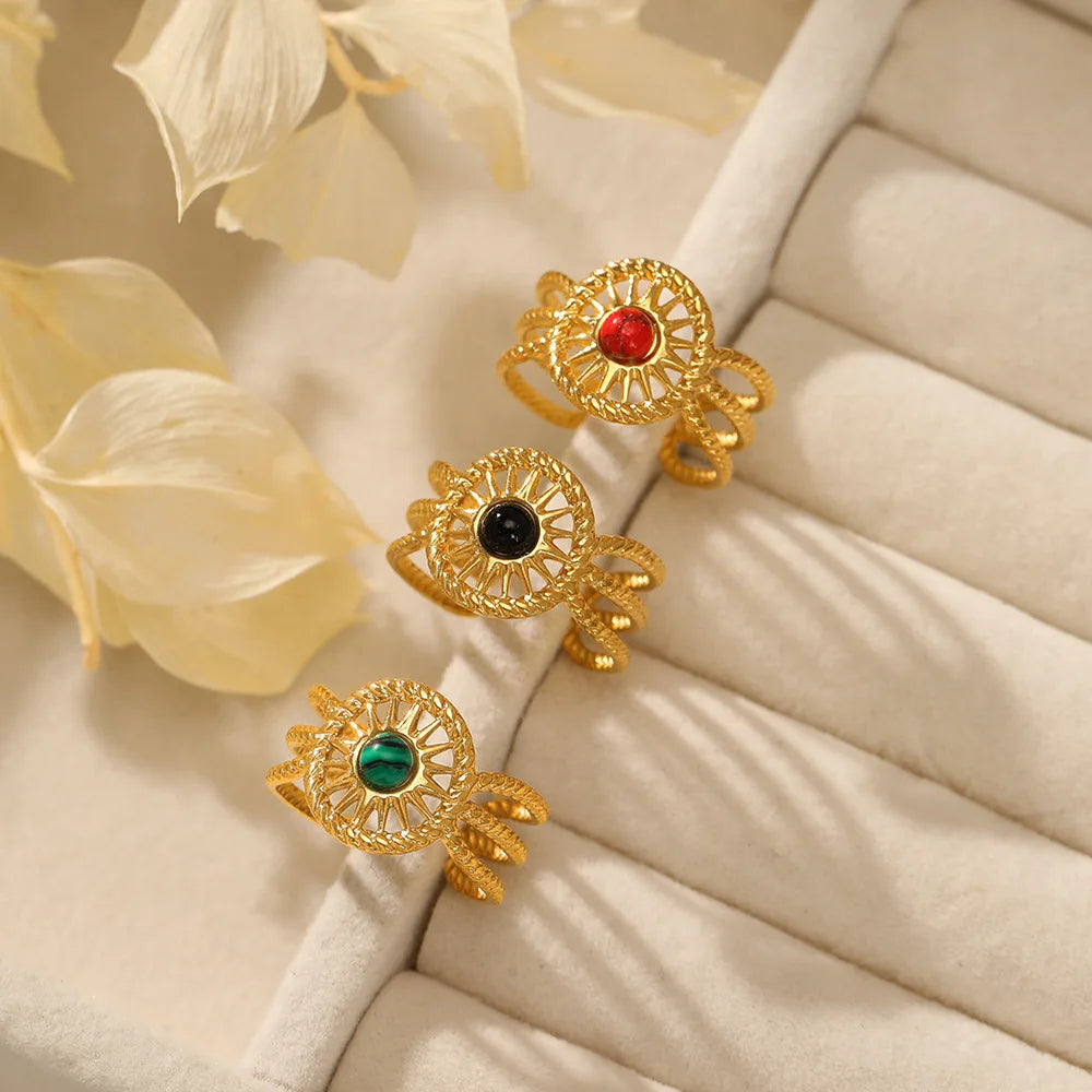 Bohemia Natural Stone Open Twist Finger Rings Inlay Green Red Black Mini Turquoise Sun Cutting Stainless Steel Rings