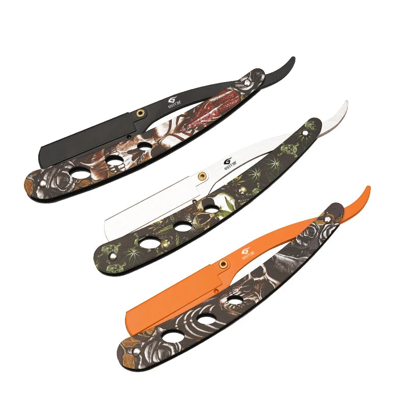 G GUTCHE Stainless Steel Material Razor Salon Grooming Tools Skull Print Razor Straight Men's Shaving Razor