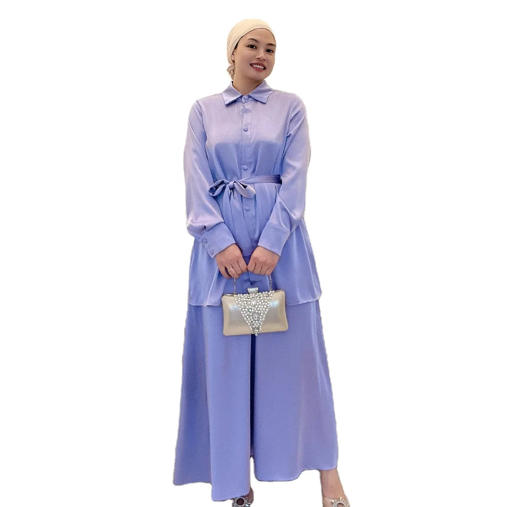 Plain Color Satin Button Closure Top With Match Color Skirt Eid Gift Muslim Suit for Women