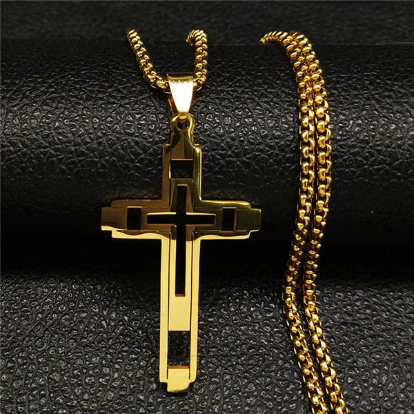 Personalized Design Double Cross Necklace Minimalist Hollow Cross Necklace Stainless Steel Jewelry Men