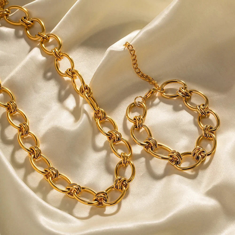 Hot Selling 18K Gold Plated Stainless Steel Jewelry Sets for Women Ins Thick Chain Bracelet and Necklace Sets