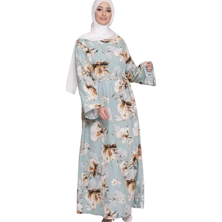 American Canada Mexico Traditional Dress Free Size O NECK Flower Printing Abaya Long Dress Muslim Islamic Clothing for Women
