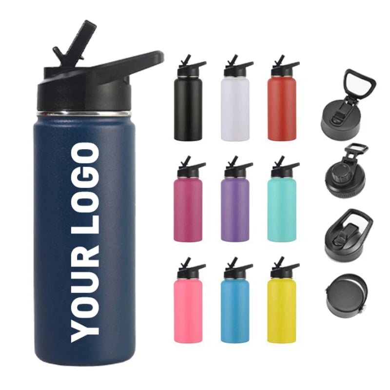 Custom Lids 18oz 25oz 32oz Sport Double Wall Stainless Steel 304 Flasks Vacuum Thermos Water Bottles with Straw Handle
