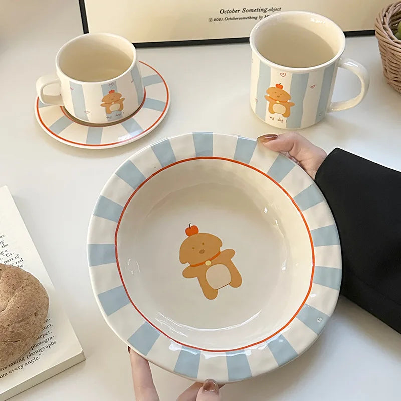 Korean Cute Puppy Cup and Plate Ins Ceramic Cartoon Mugs and Plates