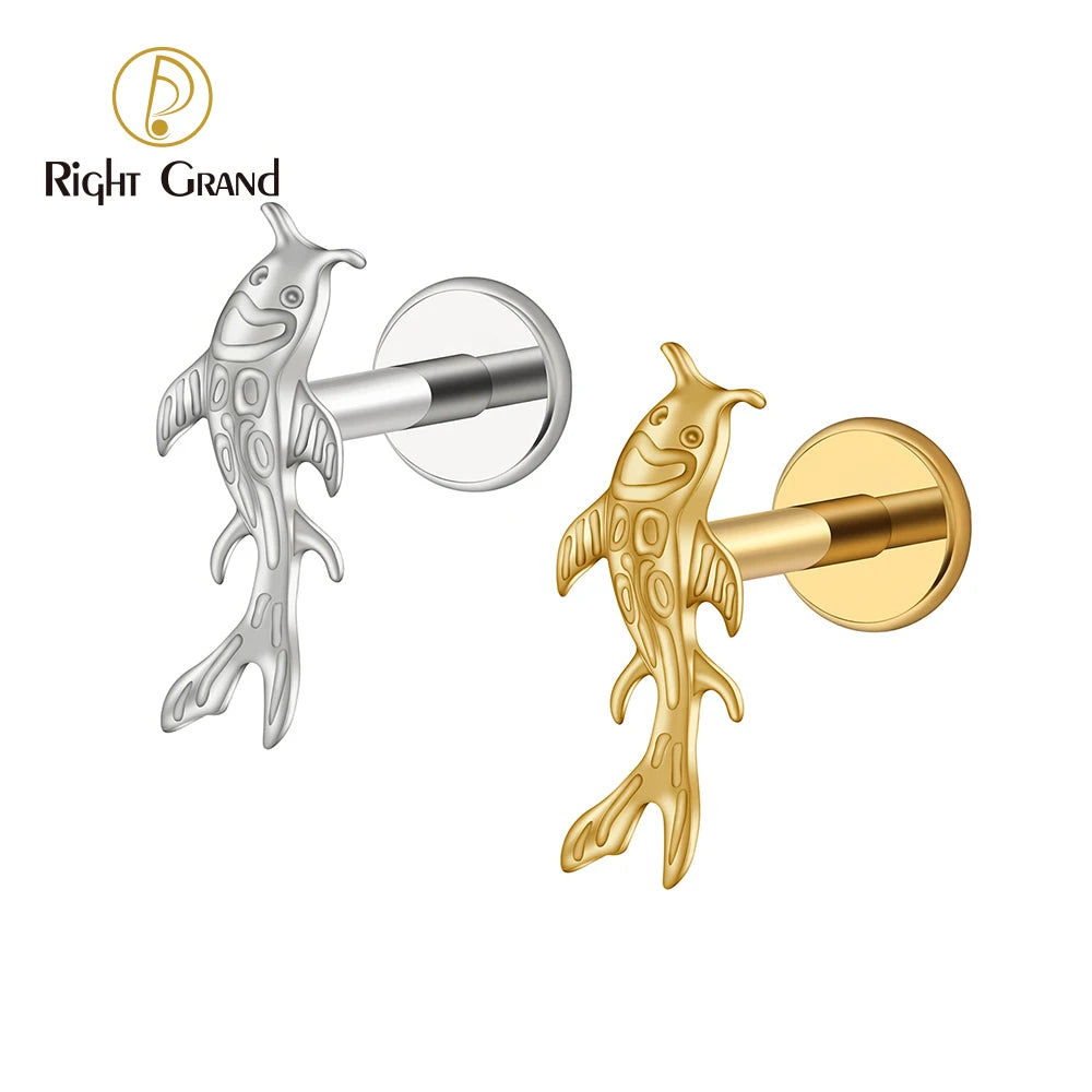 ASTM F136 Titanium Koi Fish Cartilage Earring Tiny Tragus Stud Helix Conch Flatback Piercing 16G Animal Body Jewelry