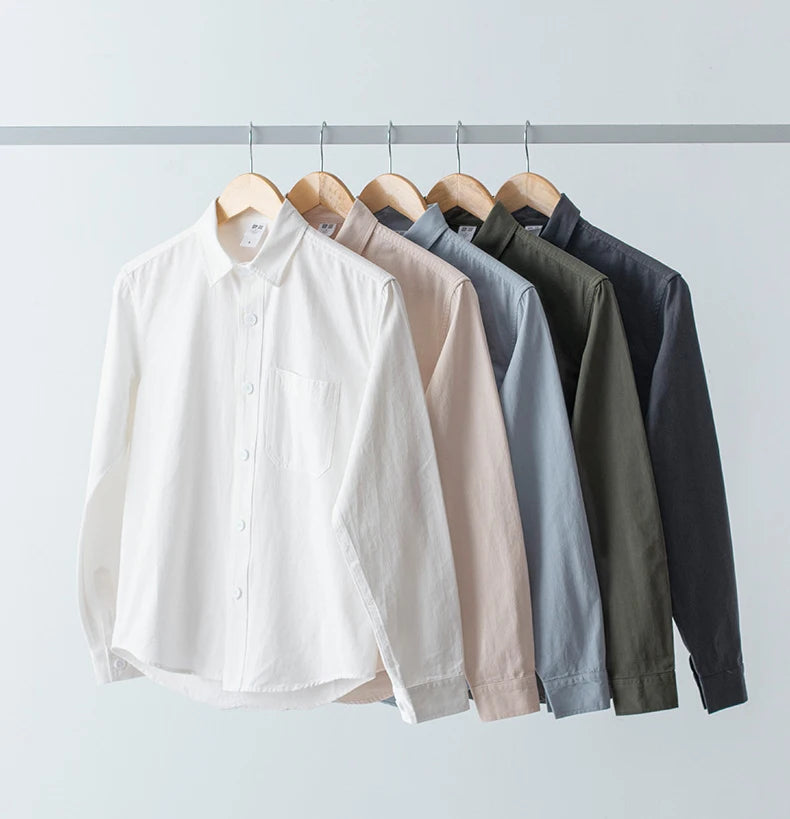 American Style Pure Cotton Long Sleeved Shirt for Men Spring and Autumn Retro Casual Shirts Solid Color Lapel Men's Shirt