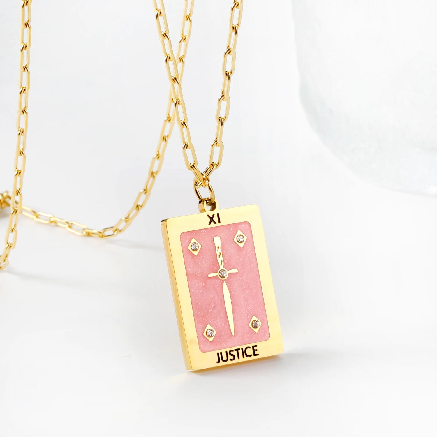 Vintage Stainless Steel Oil Drip Zircon Tarot Square Pendant Necklace Pink Patterns Long Sword Enamel Necklace