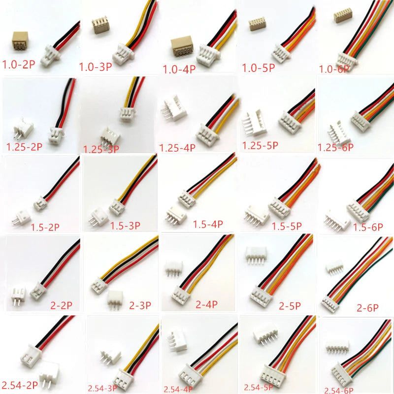 10 juegos SH1.0 JST1.25 ZH1.5 PH2.0 XH2.54 conector hembra + macho 2/3/4/5/6/7/8/9/10P enchufe con Cable 10/20/30cm