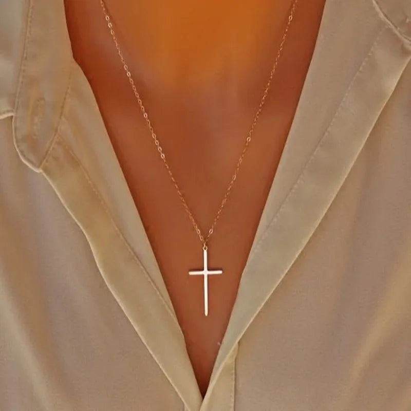 Women's 925 Sterling Silver Chunky Cross Necklace Simple Long Pendant for Weddings Parties Anniversaries