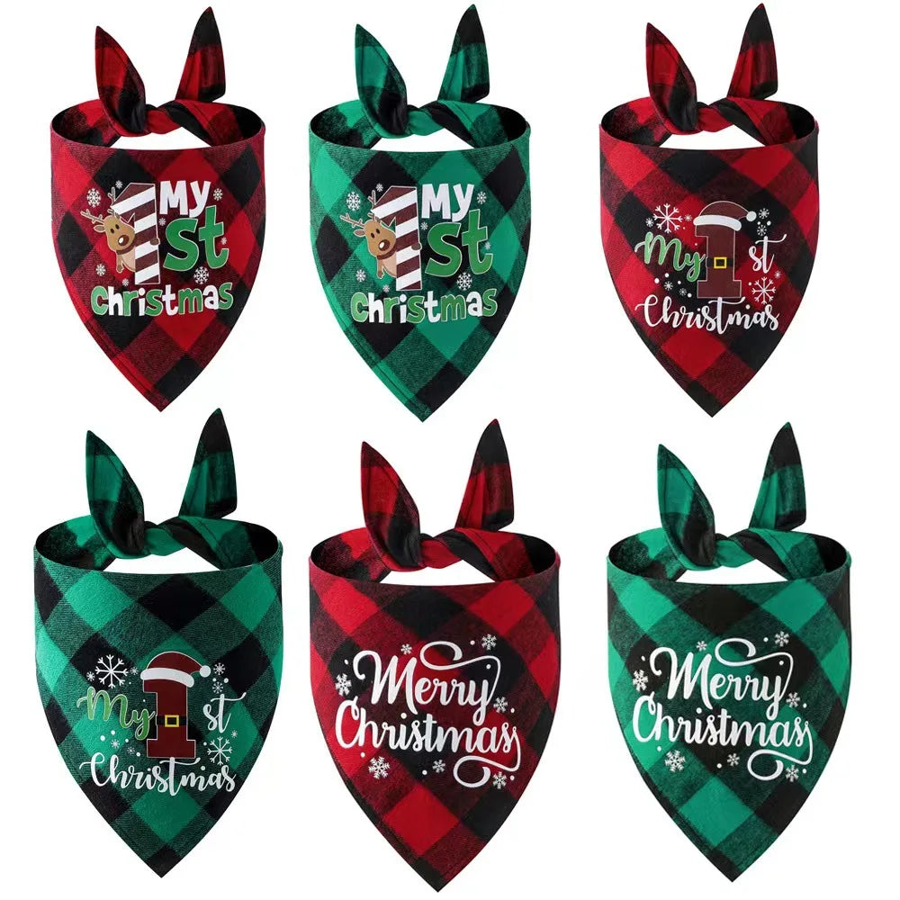 New All Cotton Red Black Green Check Dog Saliva Towel Single-layer Triangle Scarf Christmas Pet Scarf Triangle Scarf Bandanas