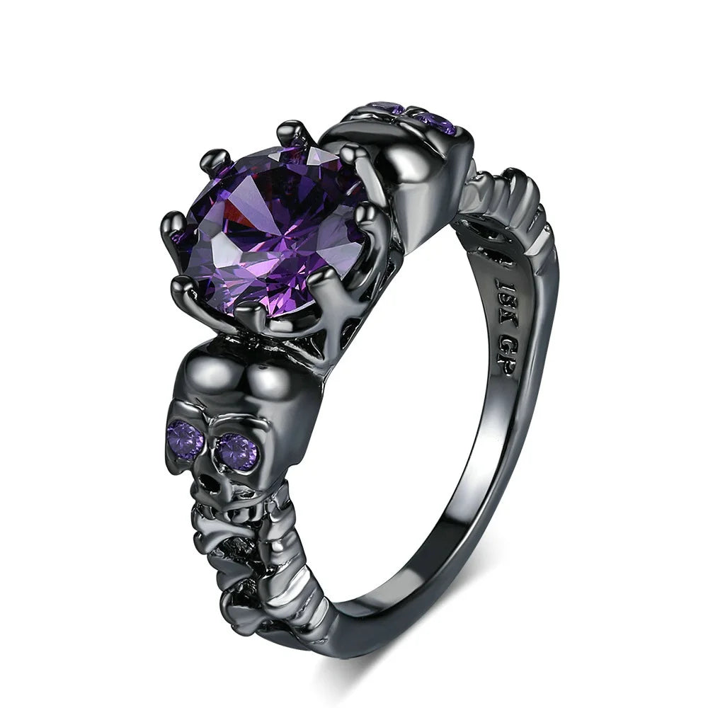 Fashion Jewelry Wholesale Purple Cubic Zirconia Personality Skeleton 18k Black Gold Plated Engagement Ring