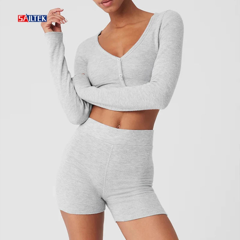 Two Piece Set Women Clothing Summer Custom Loungewear Cotton Two Piece Long Sleeve Tops and Shorts Set
