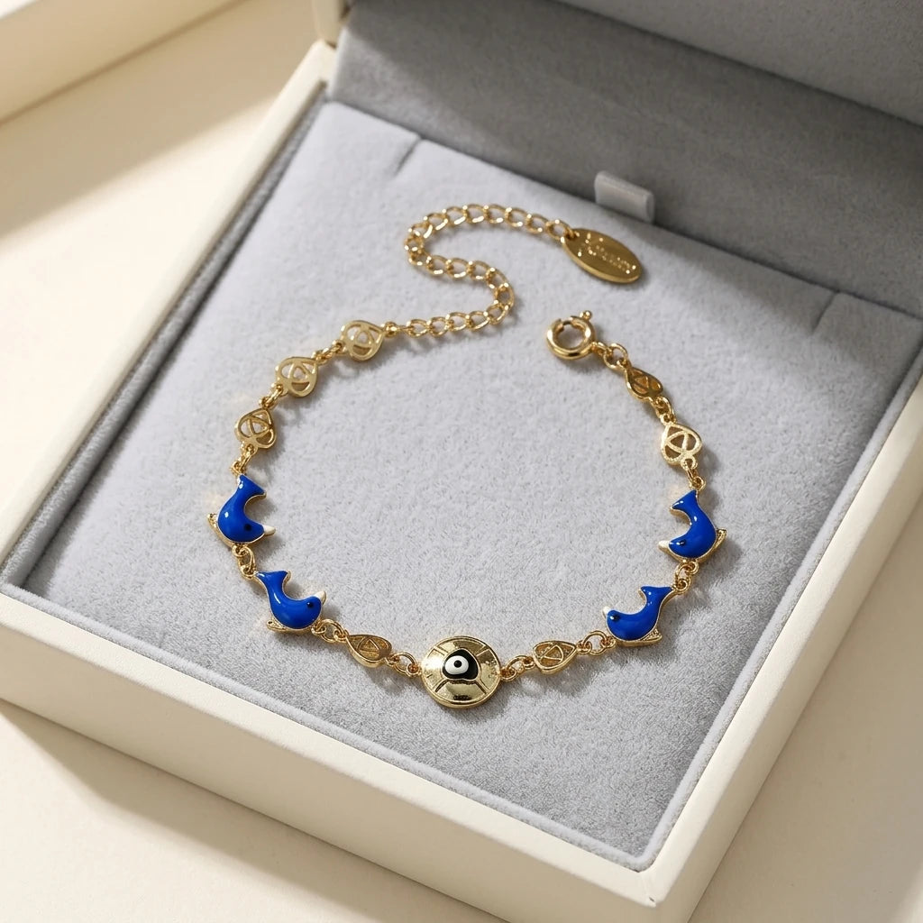 VANFI Blue Glue Dolphin Design Trendy Gold Plated Brass Black and White Round Bracelet