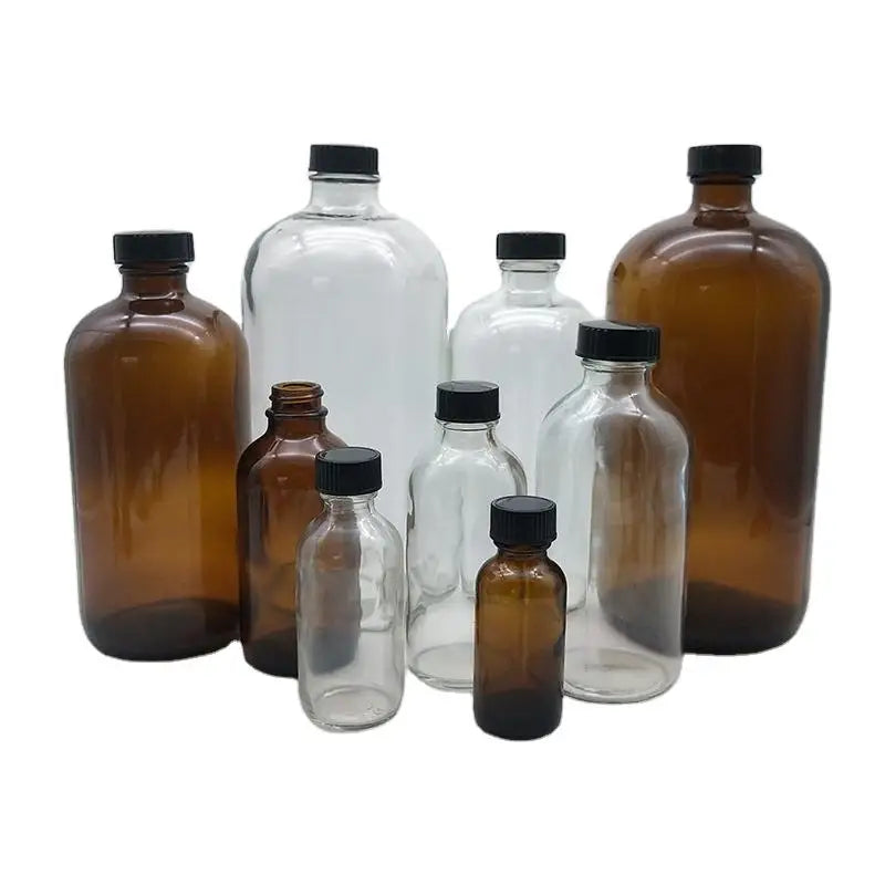 Wholesale 15ml 30ml 60ml 120ml 250ml 500ml 1000ml Clear Brown Boston Round Glass Bottles With Black Plastic Cap