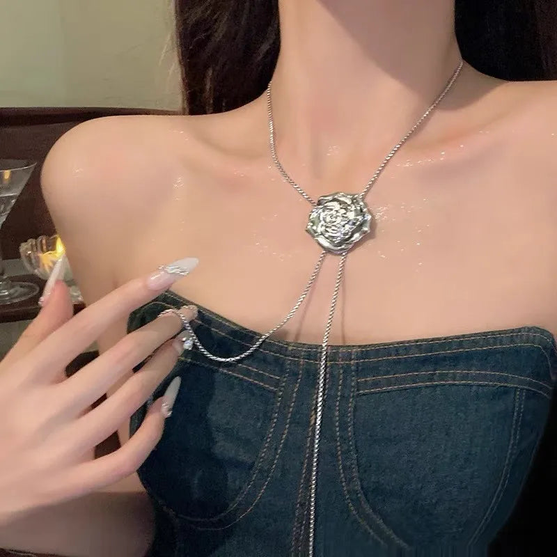 2024 New Wholesale Alloy Rose Flower Pendant Match Stainless Steel Chain Pullable Style Necklace Jewelry Gift for Men Women