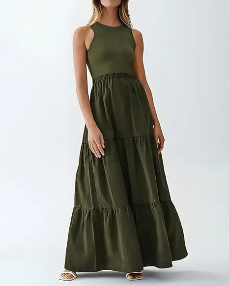 Women's Round Neck Patchwork Pit Stripe Sleeveless Vest Pocket Dress
