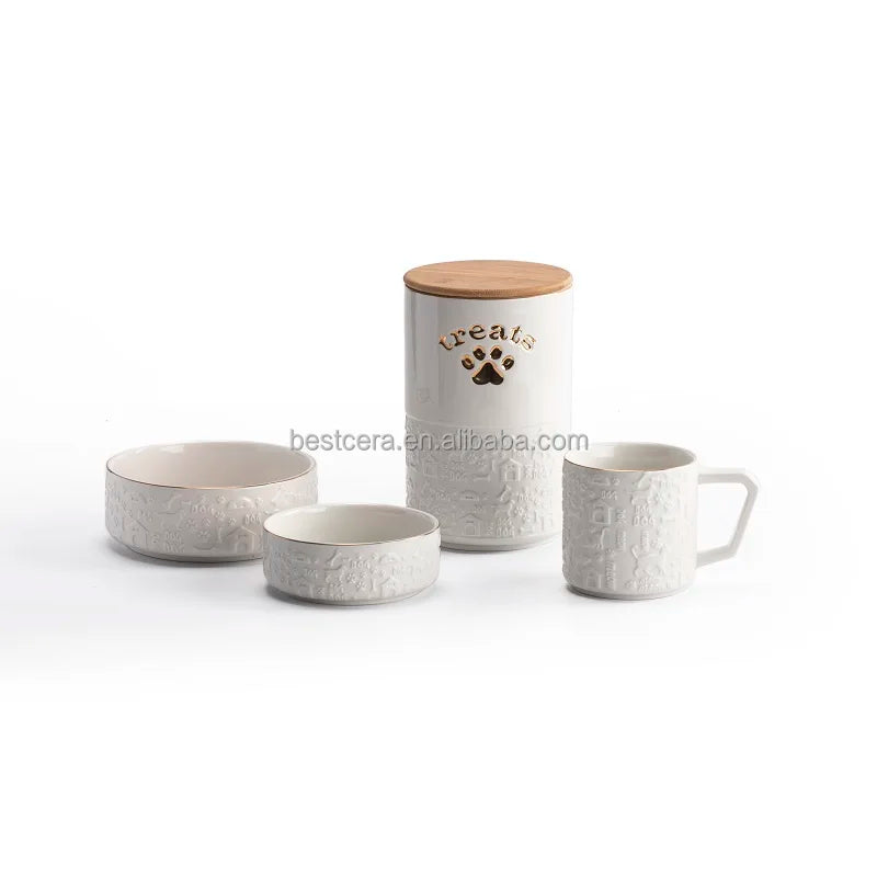 Out-of-shelf Ceramic Four-piece Set Pet Bowls Treat Jar Mug Dog Food and Water