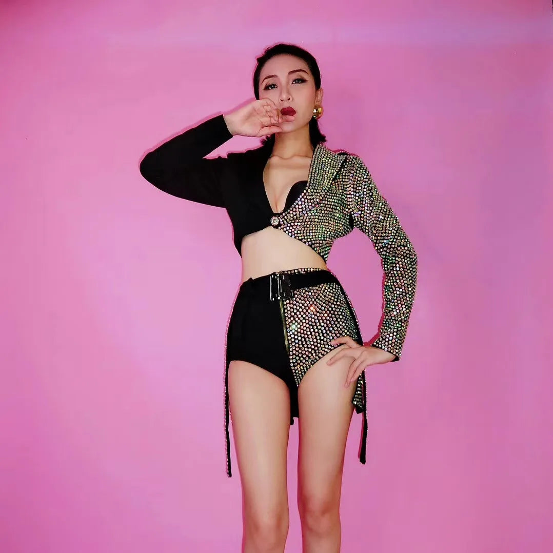Traje De Escenario Sexy Rhinestone Top Shorts Sets Women Club DJ Singer Outfits Stripper Gogo Dancer Stage Performance Costum