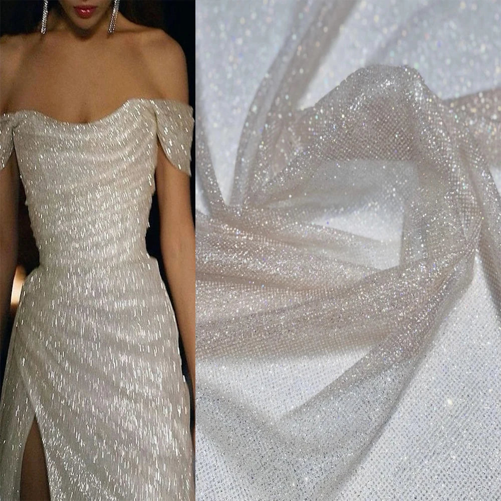 Multi-color Intense Shining Glued Glitter Lace Fabric Extra Dense Sequined Tulle Mesh Lace Fabric for Prom Gown Evening Dress