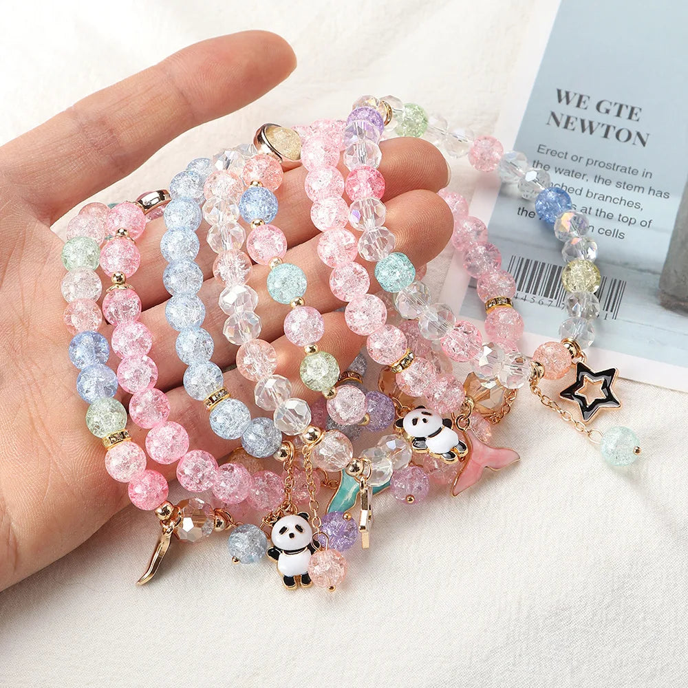 Fashion Trendy Crystal Glass Bead Bracelet Panda Fish Tail Forest Style Beaded Bracelets for Girls