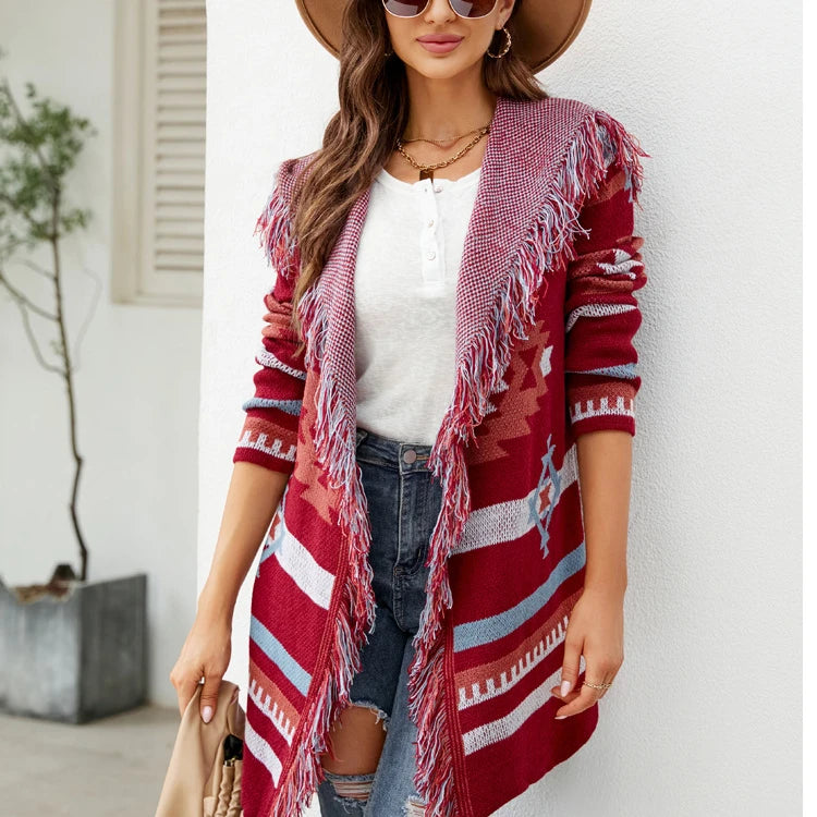 Custom Aztec Print Winter Fall Cardigan Vintage Style Hooded Knitted Midi Long Tassel Sweater Jacket Geometric Jacquard Fring