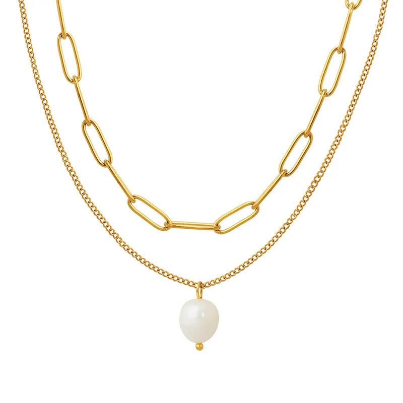 JOOLIM Ready to Ship High End 18k Gold Plated Stainless Steel Single Fresh Water Pearl Pendant Double-layer Chain Necklace