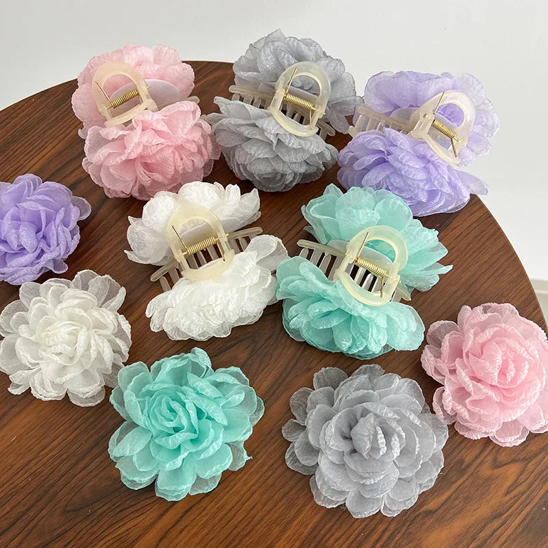 Women Fancy Multicolored Medium Fabric Flower Hair Claw Clip for Beach Holiday Floral Accessories