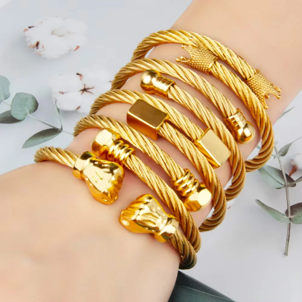 Wholesale Men's Fashion Charm Bracelet with Cool Design Woven Wire Rope Fist Crown Gold Stainless Steel Personalized Accessor