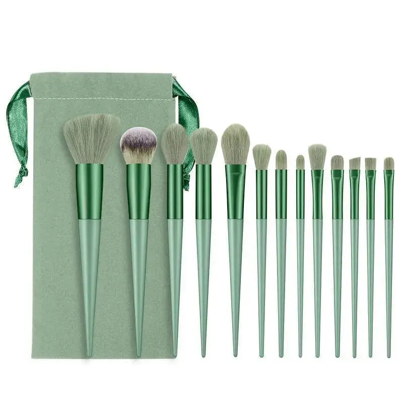 Professional 13pcs Green Plastic Handle Fan Brush Set for Face Concealer Makeup Bag Convenient Portable Professional Brushes