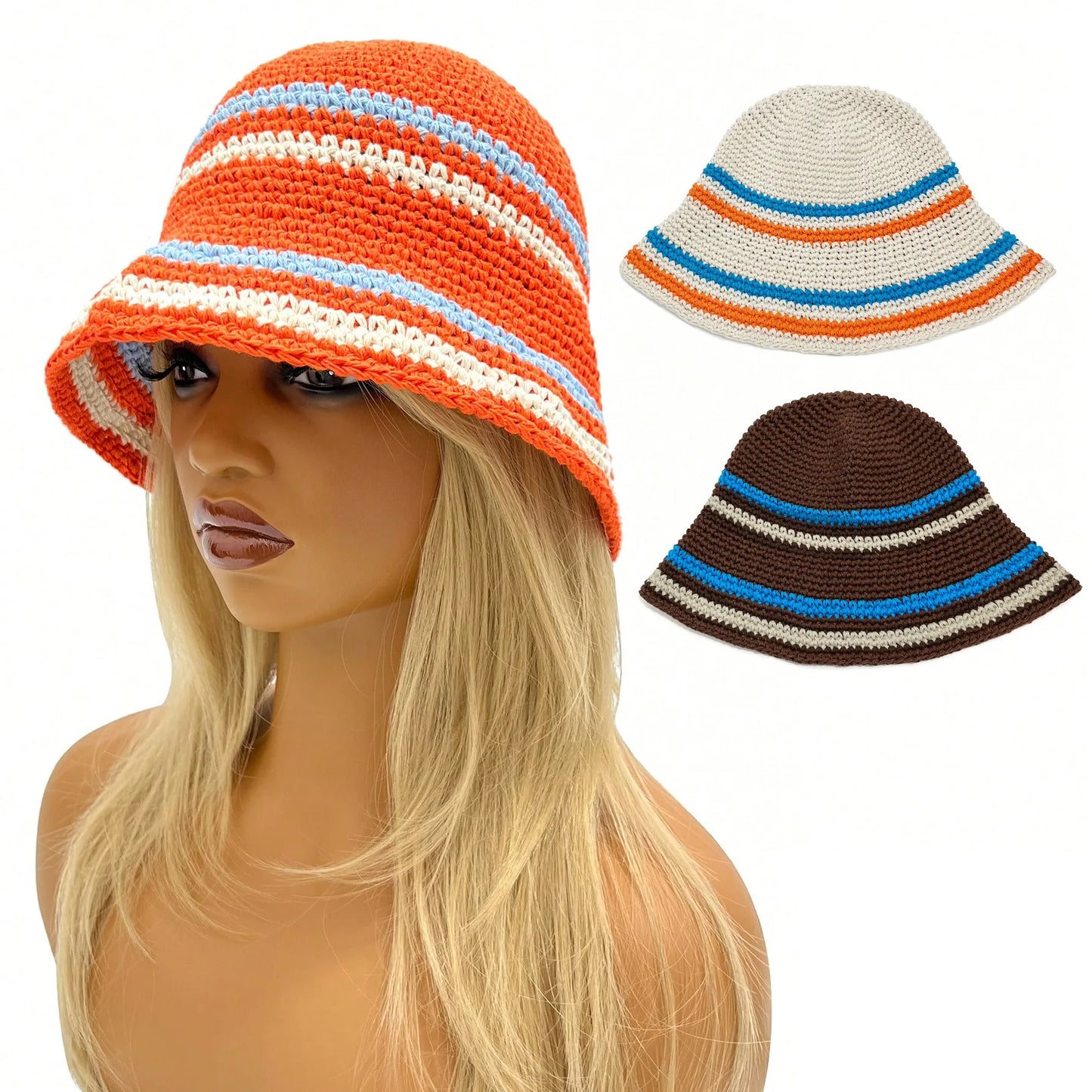 Summer Fashion Crochet Fisherman Bucket Hat Cotton Knitted Sunshade for Fishing Casual Cycling Daily Use Striped Sunscreen Ha