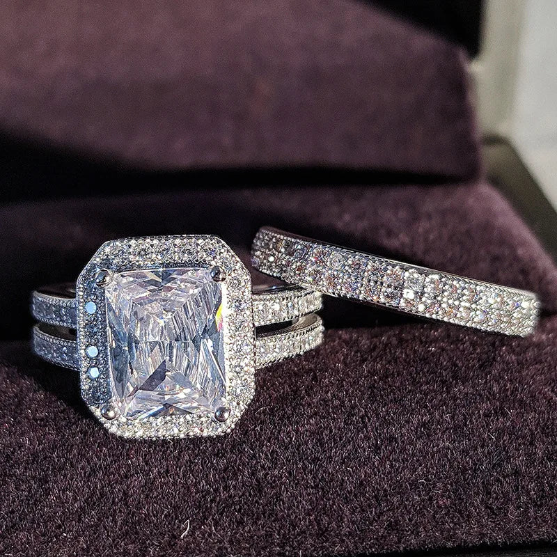 2pcs White Gold Wedding Eternity Cubic Zirconia Solitaire Diamond Emerald Cut Engagement Ring Bling Moissanite Bridal Ring Se