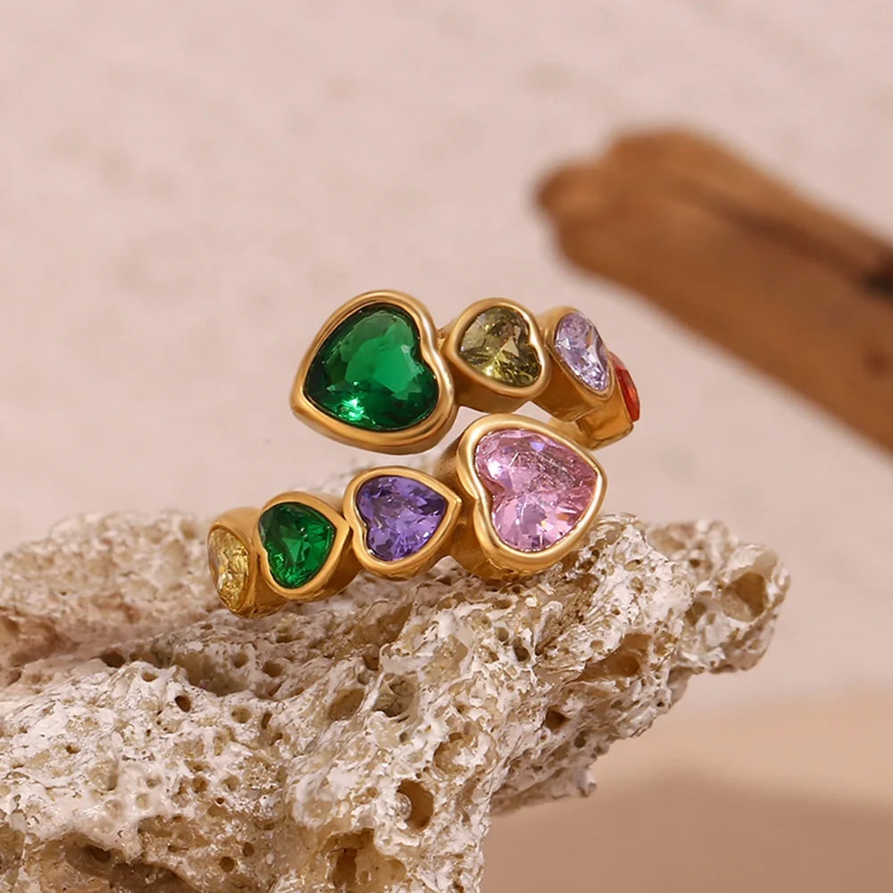 Summer 2024 Colorful Zircon Heart Ring Tarnish Free Jewelry 18k Gold Plated Stainless Steel Ring
