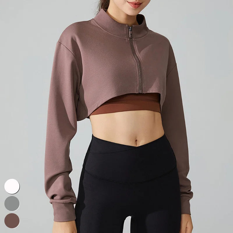 Short Loose Running Jacket Stand Collar Full Zipper Sportswear Long Sleeve Sports Tops Gym Fitness Jackets Yoga Jacket for Wo