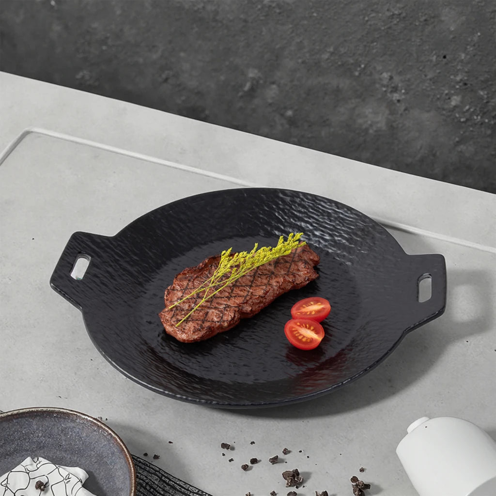 Wholesale Novelty Eco-Friendly Melamine Round Dinner Plate with Handle Black Stone Pattern for Hotels & Home Use