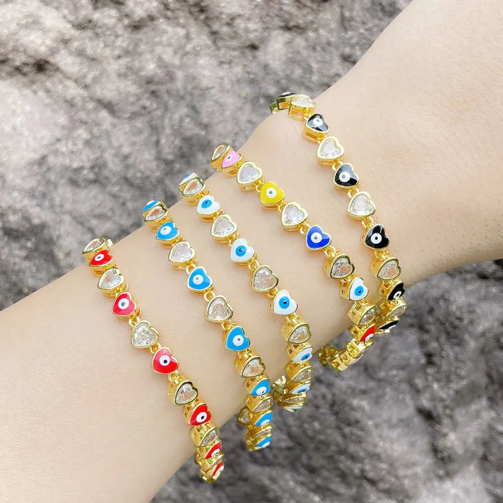 Fashion Bohemian Colorful Zircon Bracelet Adjustable Heart Shaped Evil Eyes Bracelet for Women