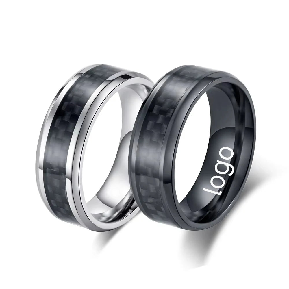 8mm Stainless Steel Ring Silver Black Carbon Fiber Inlaid Statement Rotate Ring Finger Stainless Steel Ring finger Rings