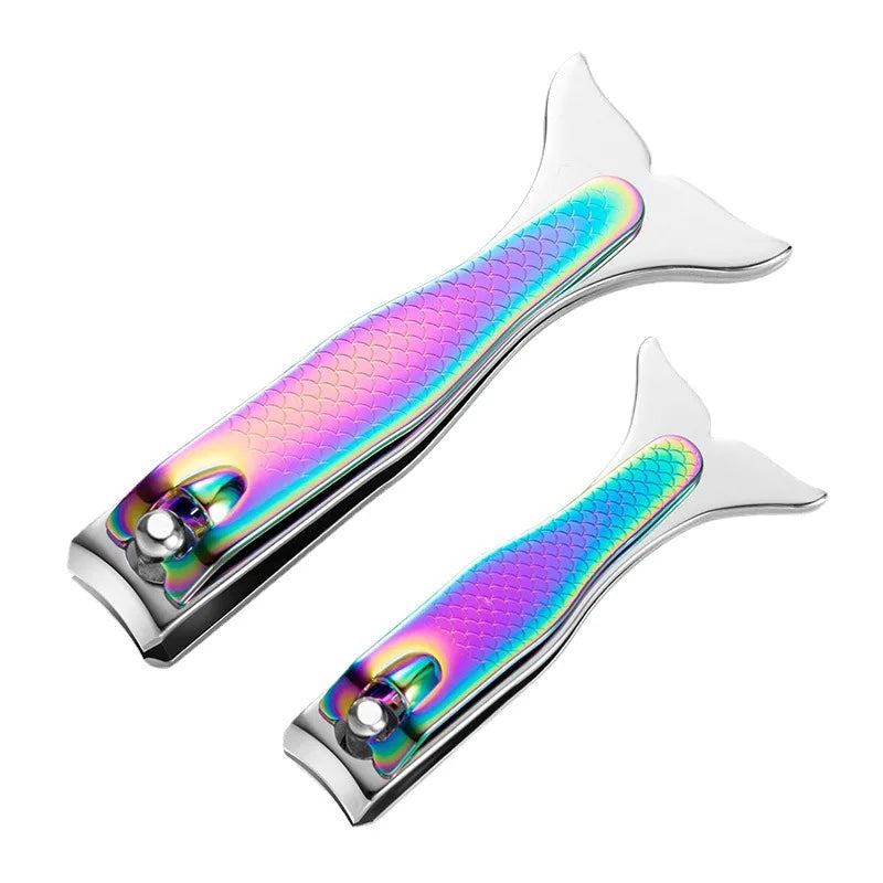 FOCSTAR 2-Piece Stainless Steel Mermaid Nail Clipper Set Rainbow Fingernails and Toenails Cutter for Personal Nail Care (BT20